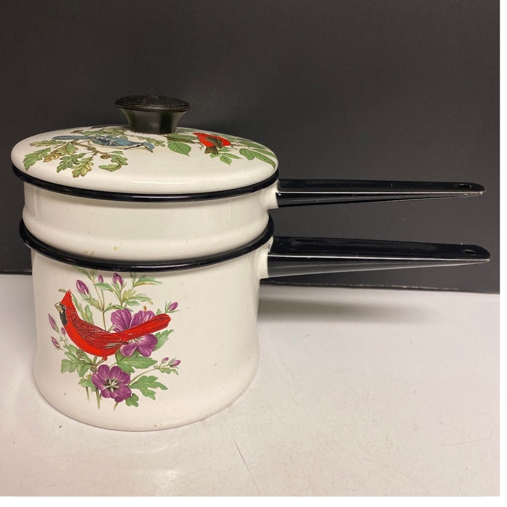 Invento White Enamelware Double Boiler Pan Set Bird Themed